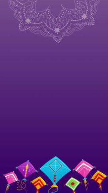 Renkli Makar Sankranti hasat festivali arka planı şenlik ateşi, şeker kamışı ve dekoratif mandala desenleri. Geleneksel Hint kutlama konsepti, tebrik kartları, sosyal medya, festival promosyonları ve kültürel içerik için uygun.