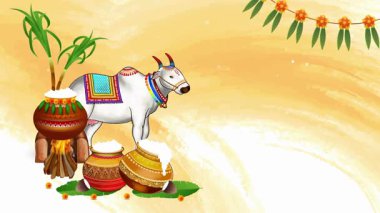 Geleneksel Makar Sankranti illüstrasyonu süslü inek, şeker kamışı, kil kaplar ve şenlikli çelenkler, Hint hasat festivali geçmişi, sıcak renklere ve etnik tasarıma sahip kültürel kutlama konsepti.