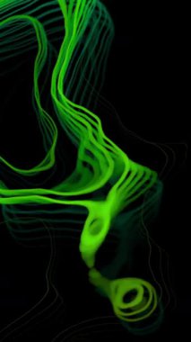 Soyut animasyon neon yeşil enerji akışı derin siyah bir arkaplan üzerinde sıvı ışık izleri oluşturur. Hareket, güç, dönüşüm hissi ile organik ışıltılı hareket, teknoloji görselleri, geleceksel tasarım, dijital enerji kavramları için ideal