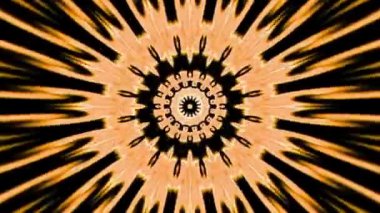 Özmerkezli süs desenlerinden ve koyu arkaplanda parlayan ışınlardan oluşan soyut altın renkli ışıltılı mandala. Kesin radyal simetriye sahip hipnotik dijital hareket, lüks tasarım için ideal, maneviyat, meditasyon, enerji