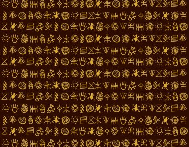 Sarı kadim Amerikan yerlileri ve koyu kahverengi arka planda yerli kaya resimleri.