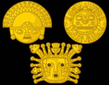 Antik İnka tanrıları siyah arka planda altın başlıklar. Peru Vektör İllüstrasyon Kümesi