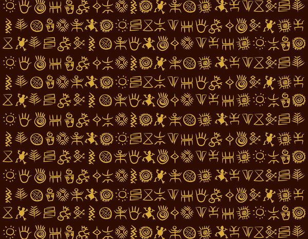 Yellow ancient native american and indigenous rock painting pattern over a dark brown background