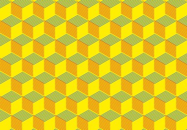 Sarı, mavi ve kırmızı geometrik küp desenli Triad renk tasarımı. Pullar ve kıyafet pulları için ideal.