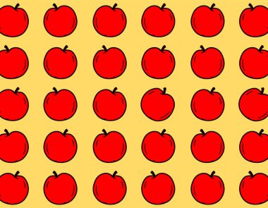 Sarı arka planda Kırmızı Elma yineleme kalıbı. Moda, yemek ve dekoratif konsept