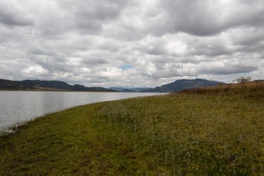 Mavi bir gölün yanında yeşil çimenler ve arka planda bulutlu gri gökyüzü. Kamp ve seyahat kavramı