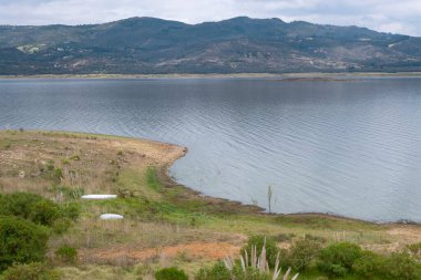 Su yansıması, dağlar ve yeşil ağaçlarla dolu yaz gölü sahnesi. Doğa sahnesi