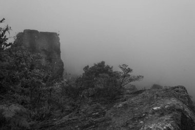 Sisli bir günde, üzerinde küçük çalılar olan başka bir heykelin tepesinden ekstradan bir kare şeklindeki monolit görüntüsü. Siyah beyaz fotoğraf.