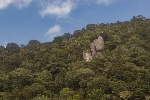 Monólito Extrangeiro Meio Montanha Florestal Com Céu Azul Fundo — Fotografia de Stock