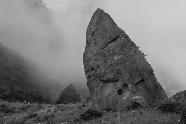 在多云的天气里 山顶是一片古老的苔藓状的巨石 后面是一座巨大的安第斯山脉 — 图库照片