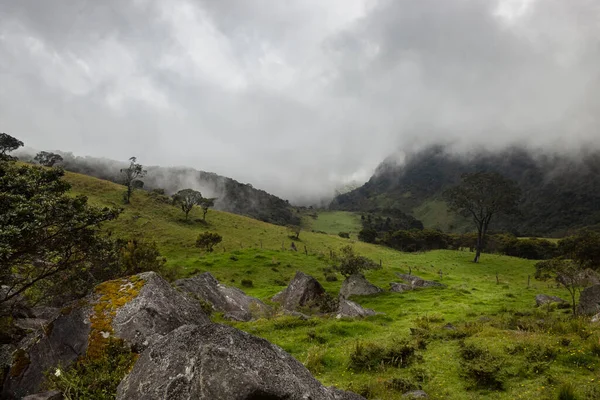 Caminho Rural Meio Monólitos Naturais Campo Verde Com Cordilheira Nublada — Fotografia de Stock