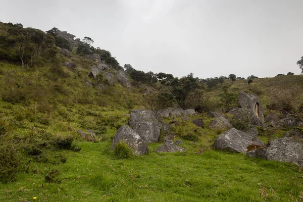 Paisaje Rural Monolitos Piedra Con Bosque Nublado Cielo Lluvioso — Foto de Stock