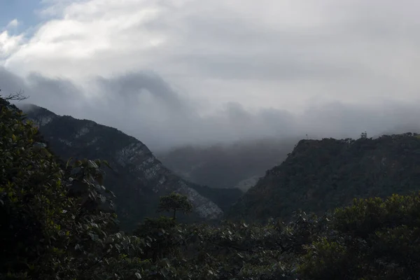 Grandes Nubes Lluviosas Sobre Bosque Andino Valle Cordillera Temprano Mañana —  Fotos de Stock