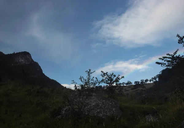 Cena Impressionante Uma Floresta Andina Montanhas Início Manhã Com Uma — Fotografia de Stock