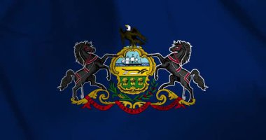 Amerika Birleşik Devletleri 'nin Pennsylvania eyalet bayrağı rüzgarın arka plan döngüsü video animasyonuyla dalgalanıyor.