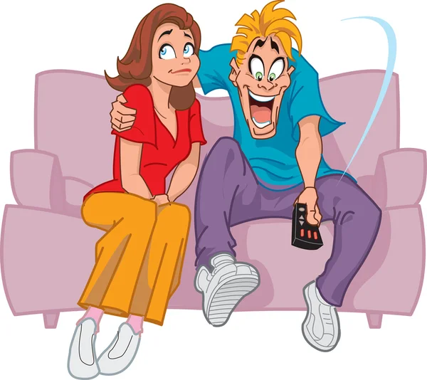 Homem feliz no sofá com a TV — Vetor de Stock