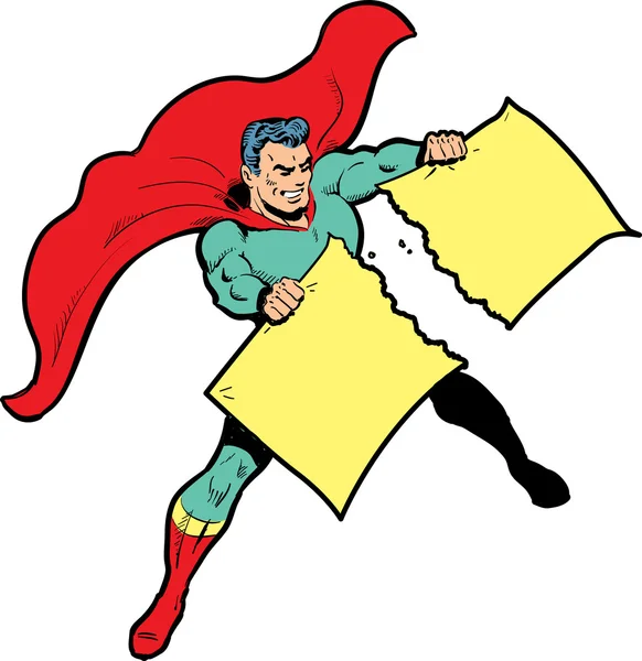 Clássico super-herói rasgando papel ou assinar ao meio — Vetor de Stock