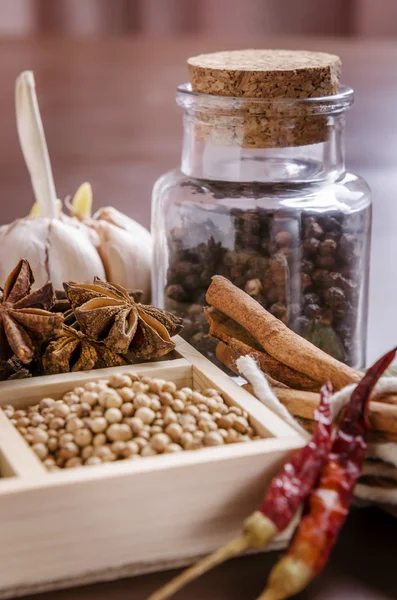 Jar and frame of spices — Stock Photo, Image