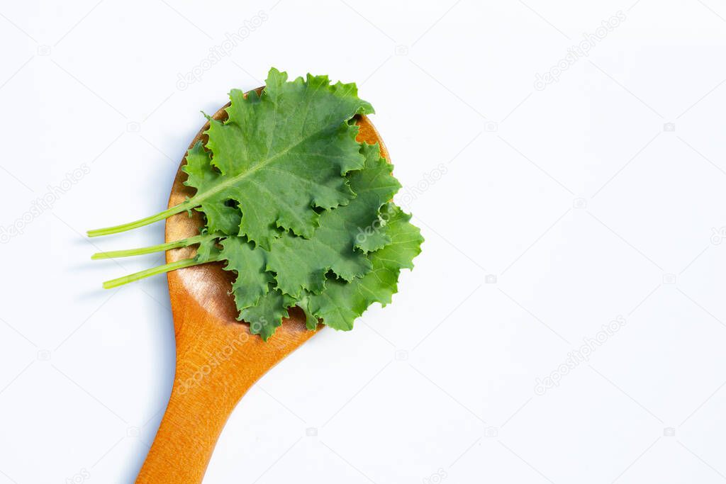 Kale leaves on white background. Top view