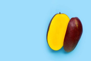 Tropik meyve, mavi arka planda mango. Üst görünüm