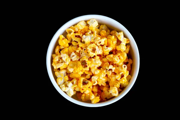 Popcorn Misce Czarnym Tle Widok Góry — Zdjęcie stockowe