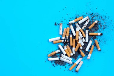 Mavi arka planda kül tablası olan sigara tomurcukları. 
