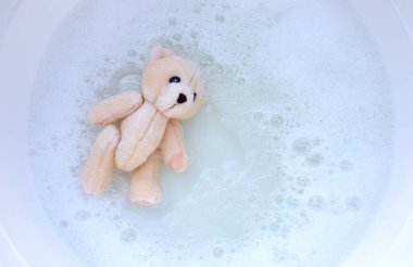 Çamaşır deterjanına batırılmış oyuncak ayı yıkamadan önce çözünür. Çamaşır konsepti, Üst Görünüm