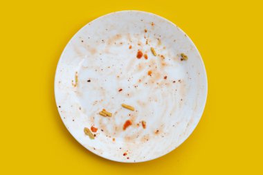 Sarı arka planda kirli tabak.