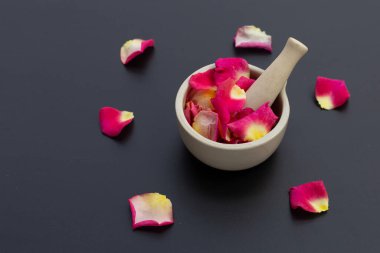 Porselen havan topuzlu gül yaprakları koyu arkaplanda izole edilmiş..