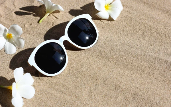Γυαλιά Ηλίου Λευκό Λουλούδι Plumeria Στην Άμμο Έννοια Θερινού Υποβάθρου — Φωτογραφία Αρχείου
