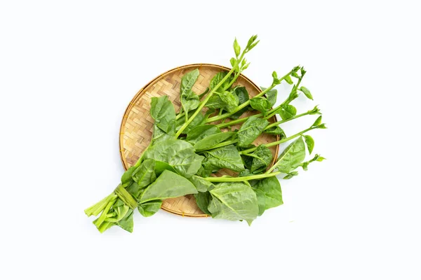 Ceylon Spinach Leaves Bamboo Basket White Background — Stock Fotó