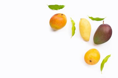 Tropik meyve, beyaz arka planda mango. Üst görünüm