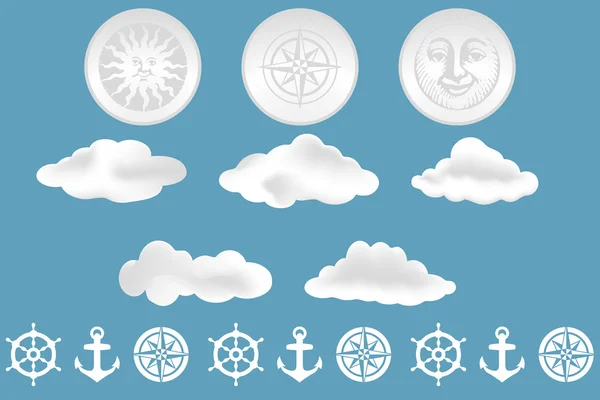 Облака, солнце и якорные векторные иллюстрации — стоковый вектор