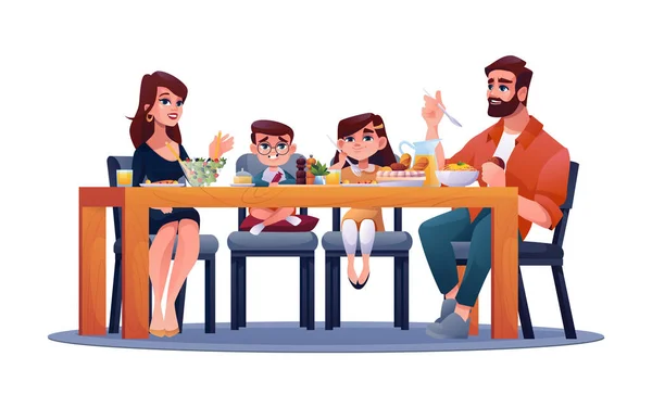Děti a rodiče u stolu si společně užívají večeři — Stockový vektor