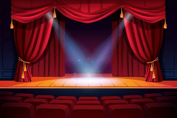 Escenario de teatro con filas, asientos y cortinas, luz — Vector de stock