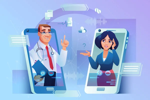 Online consultation via smartphone, doctor patient — Stock Vector