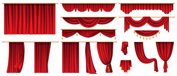 Cortinas de terciopelo rojo decoraciones de teatro establecer iconos — Vector de stock