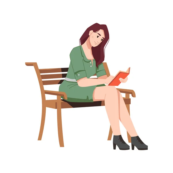 Brunette woman on wooden bench reads book outdoors — Stock Vector