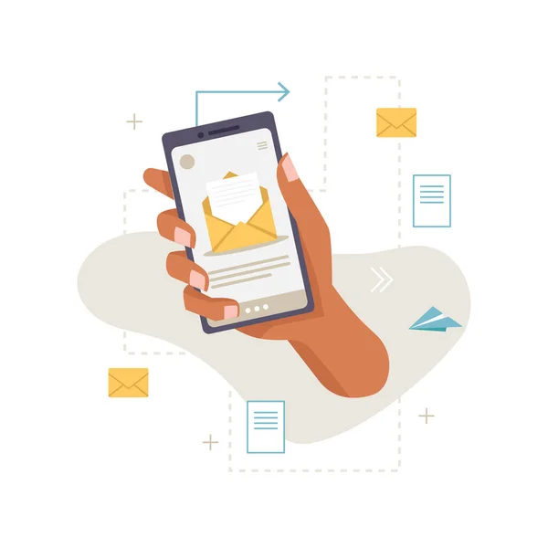 Smartphone en la mano, carta de negocios, mensaje, SMS — Vector de stock