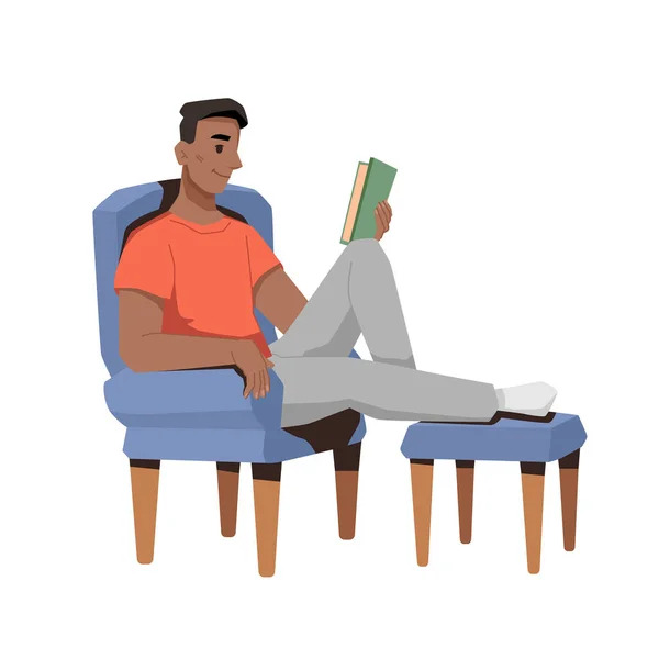 Хлопець у кріслі читає книгу, хобі у вільний час — стоковий вектор