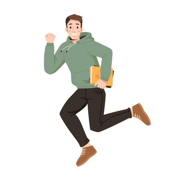 Homme souriant en sweat à capuche avec des sauts de livre, poing levé — Image vectorielle