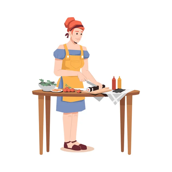 Housewife cooking sushi, woman in apron at table — Stock Vector