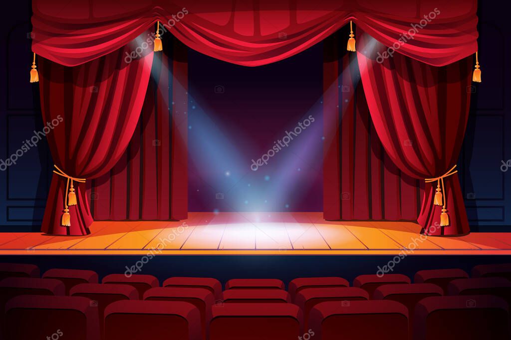 Rows of theater seats, classic stages with curtains and spotlights. Vector festive scene with lights and screen. Concert, dance event show, performance or music festival, illumination and decorations