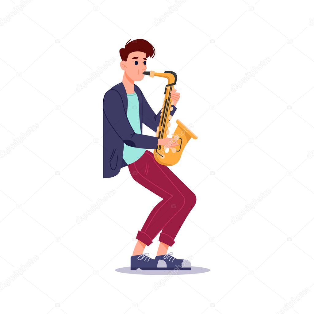 Man blowing in saxophone isolated music player
