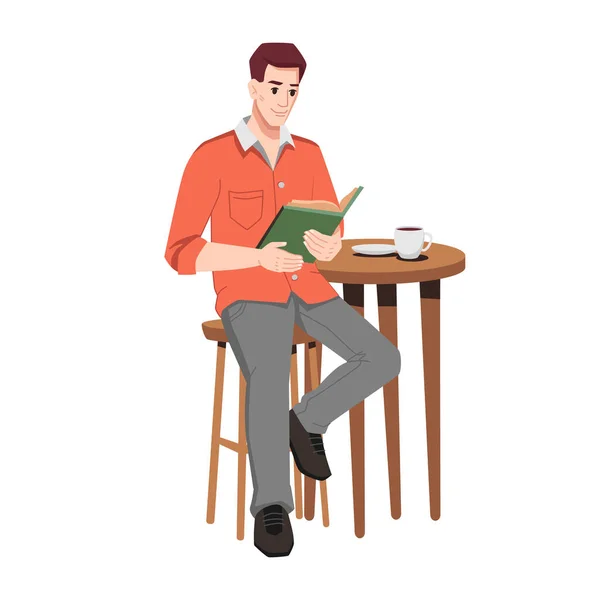 Man reads book in cafe, coffee cup on table vector — Wektor stockowy