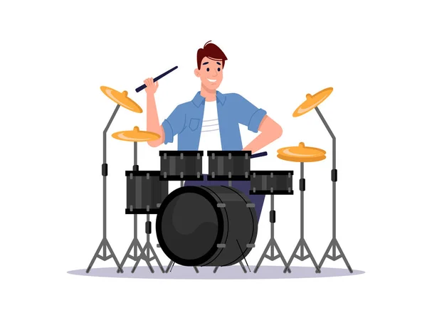 Batería conjunto músico golpea los platillos por palos de tambor — Vector de stock