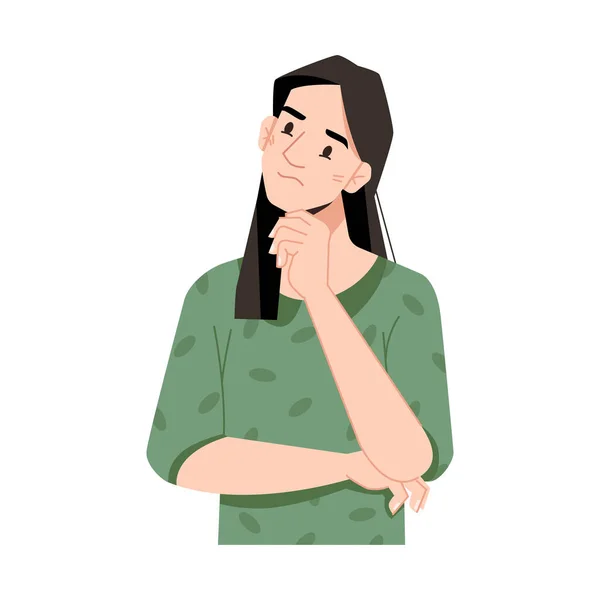 Mujer reflexiva rascarse la barbilla, chica pensante — Vector de stock