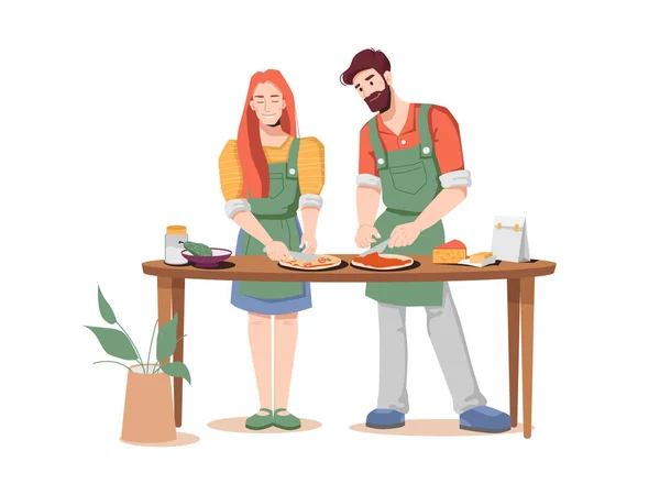 Pár férfi és nő együtt főz pizzát az asztalnál. — Stock Vector