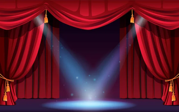 Theaterbühne mit roten Vorhängen und Scheinwerfern — Stockvektor