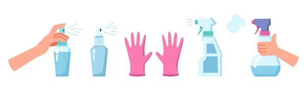 Desinfección y limpieza de aerosol antiséptico, guantes — Vector de stock